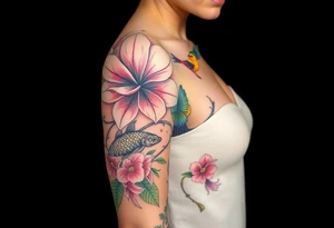 orchid flower ,  Coi fish and colorful birds tattoo idea