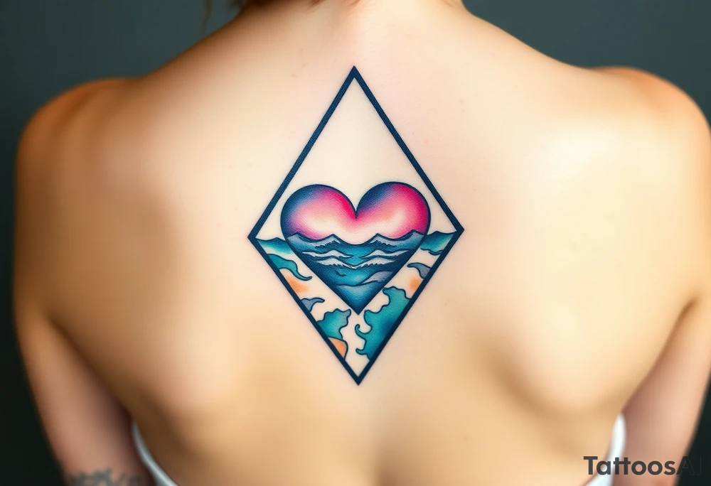 A triangle with a big heart in the center with an ocean travel theme tattoo idea