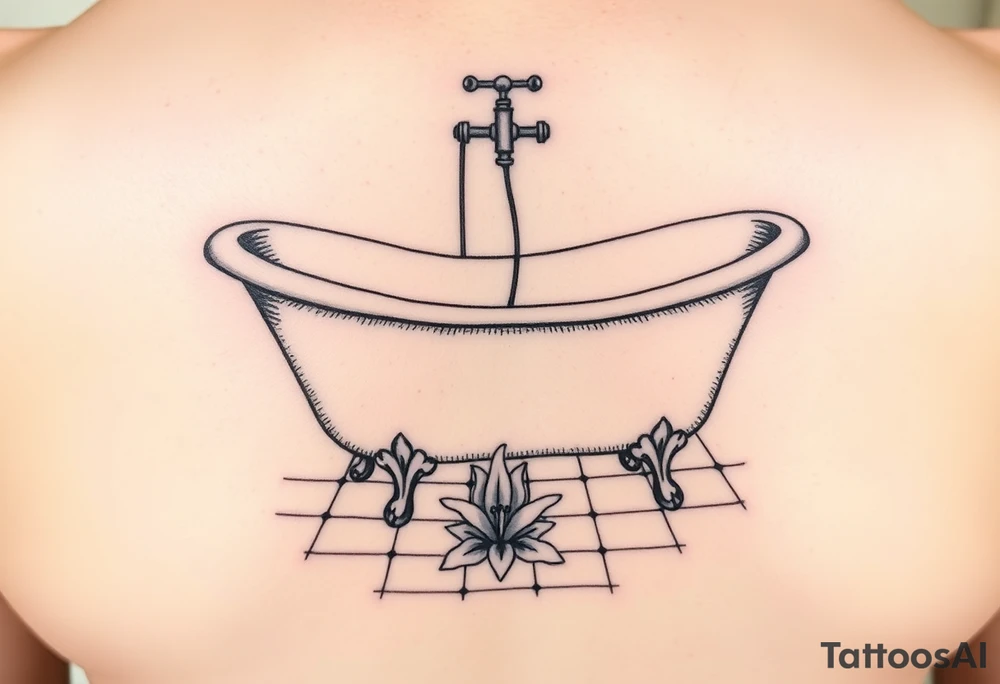clawfoot bathtub with simple faucet and lily coming up out of the tile floor tattoo idea