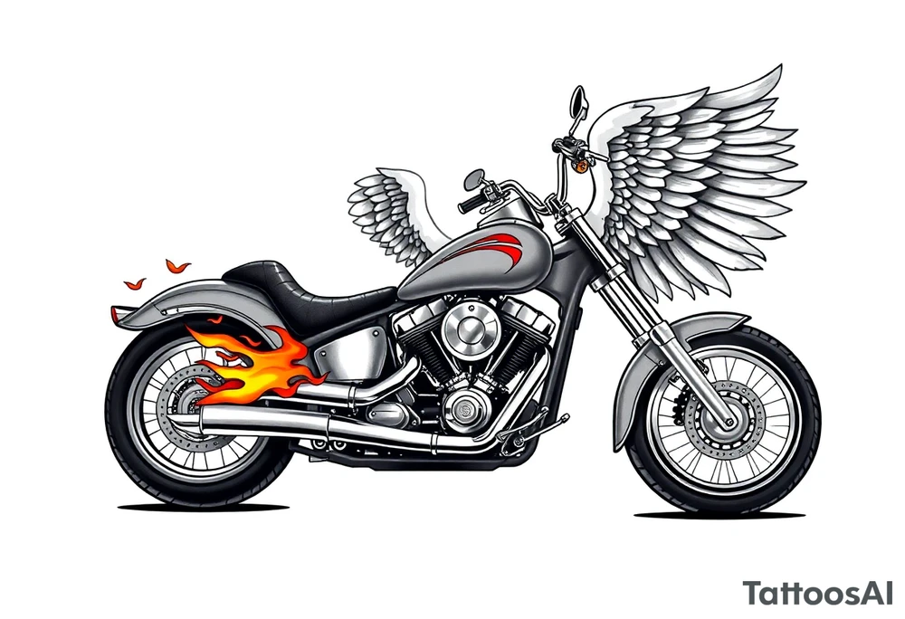 Low rider grey motorcycle, big muffler pipes with flames, angel wings, driving away, no person tattoo idea