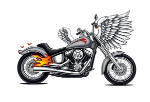 Low rider grey motorcycle, big muffler pipes with flames, angel wings, driving away, no person tattoo idea