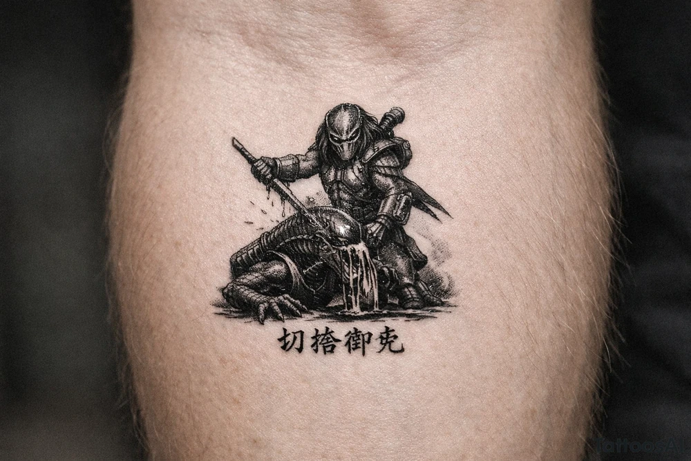 predator killing alien, alien is crawling from the ground. Predator stands up tall, driving his spear with his right hand through the xenomorphs big head with acid coming down. The predator's left shoulder has its laser gun pointed down. the Left forerarm has its famous doubled blade out. Below the image the japanese inscription for kirisute gomen tattoo idea