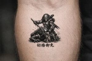 predator killing alien, alien is crawling from the ground. Predator stands up tall, driving his spear with his right hand through the xenomorphs big head with acid coming down. The predator's left shoulder has its laser gun pointed down. the Left forerarm has its famous doubled blade out. Below the image the japanese inscription for kirisute gomen tattoo idea