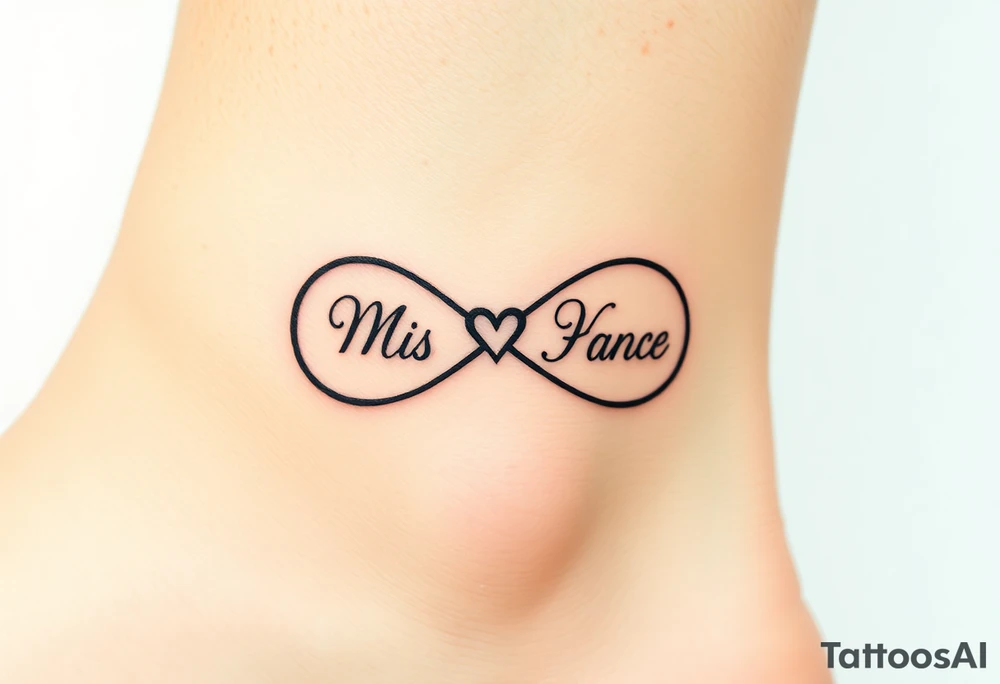 An infinity symbol with two initials on each loop and a tiny heart in the center, customized with calligraphic script in black ink tattoo idea