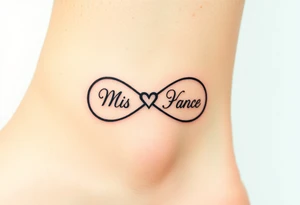 An infinity symbol with two initials on each loop and a tiny heart in the center, customized with calligraphic script in black ink tattoo idea