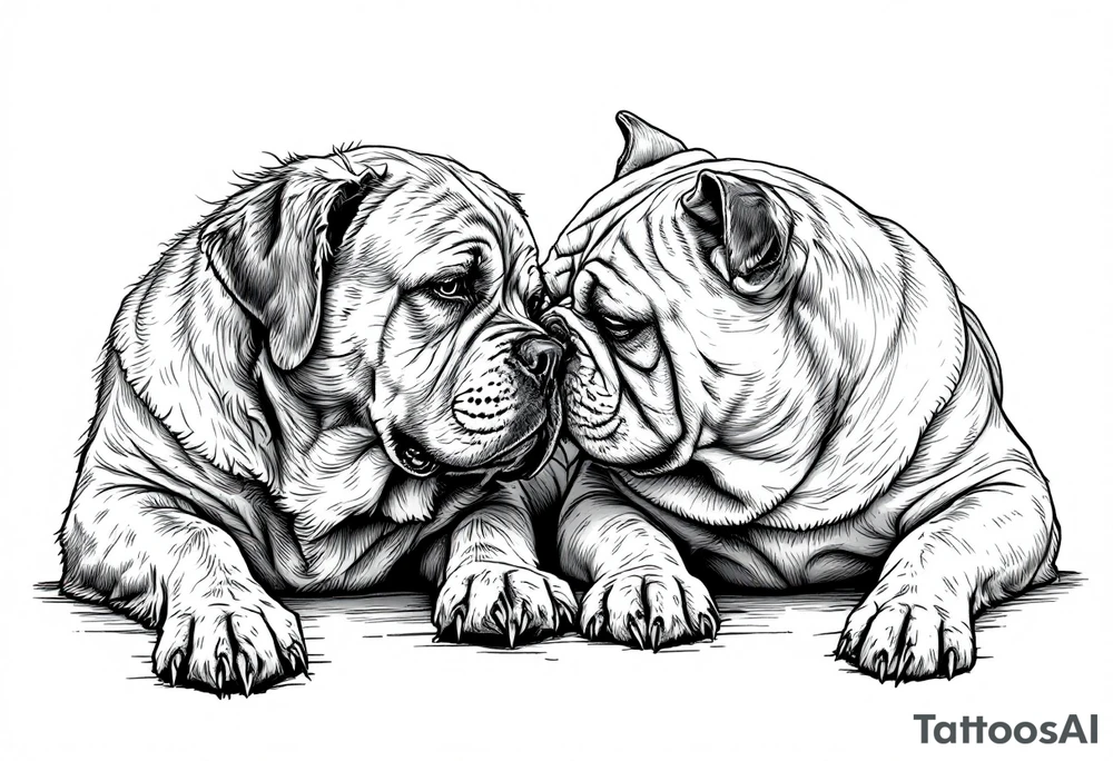 a golden retriever and an English bulldog, lying besides each other, head to head, foreheads touching, side view tattoo idea