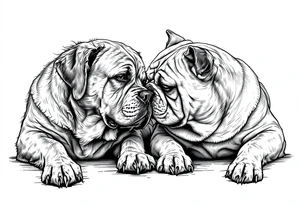 a golden retriever and an English bulldog, lying besides each other, head to head, foreheads touching, side view tattoo idea