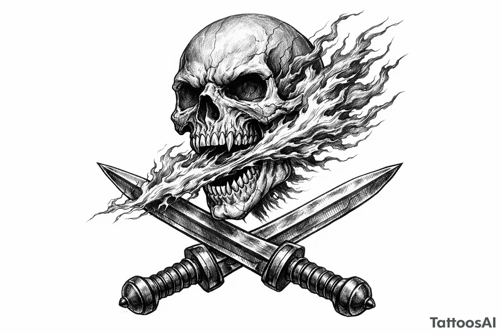A skeletal head spewing fire, with gladius swords crossed at the base. tattoo idea