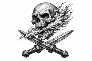 A skeletal head spewing fire, with gladius swords crossed at the base. tattoo idea