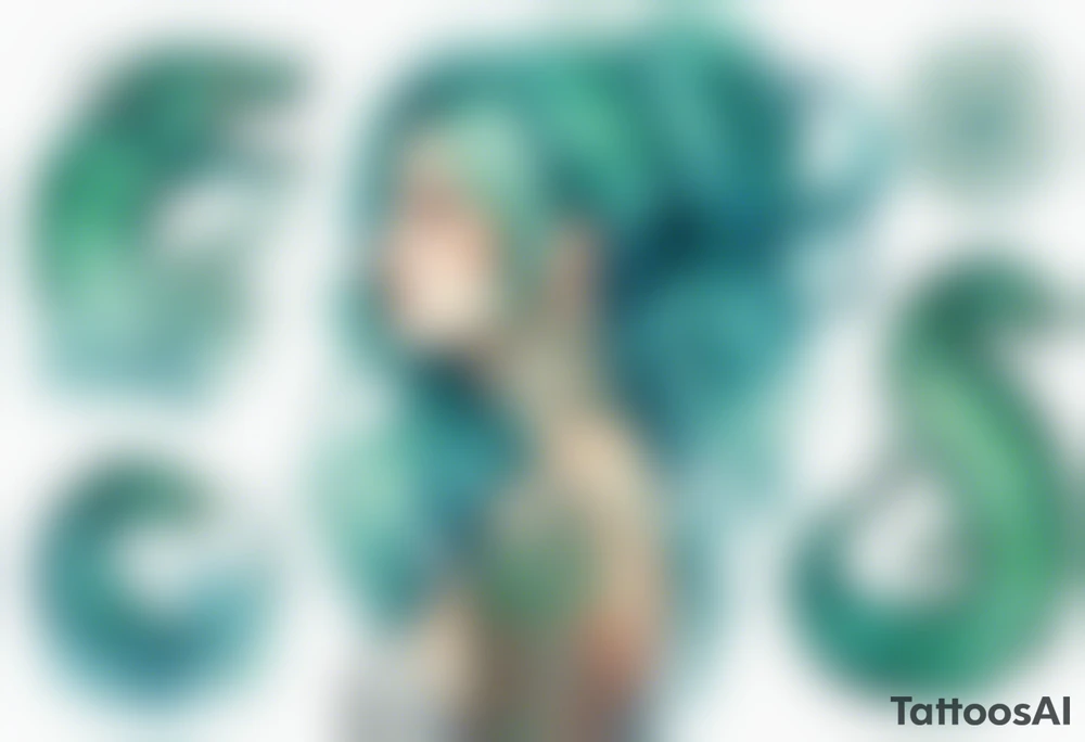 a beautiful woman with long blue-green hair standing next to a teal lindworm tattoo idea