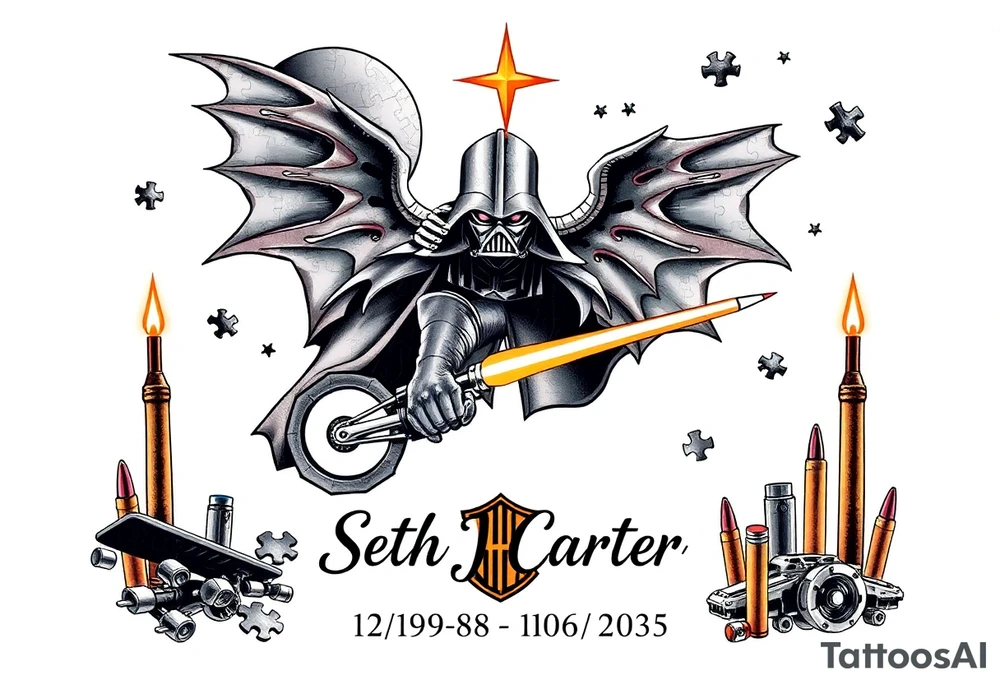 memorial, futuristic, star wars, space, Harley Davidson, skateboarding, camping, puzzle pieces, video games, heaven, god, outdoors, bullets,
Seth J. Carter AKA "Darth Carter"
12/29/88-01/06/2025 tattoo idea