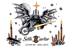 memorial, futuristic, star wars, space, Harley Davidson, skateboarding, camping, puzzle pieces, video games, heaven, god, outdoors, bullets,
Seth J. Carter AKA "Darth Carter"
12/29/88-01/06/2025 tattoo idea
