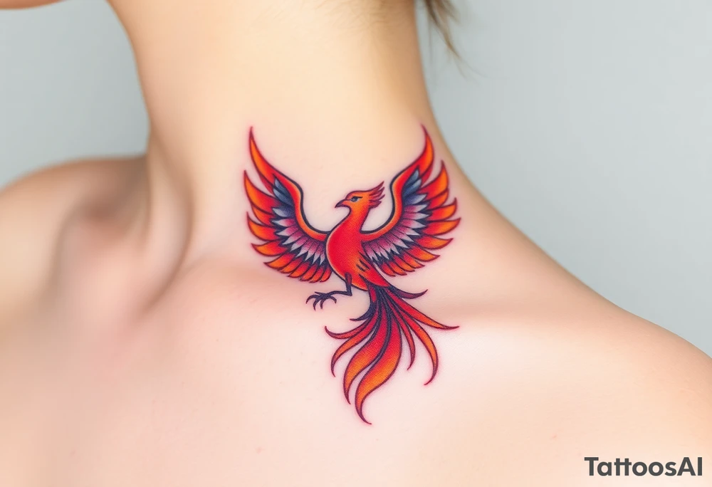 Square, phoenix rising from fire with both wings opened, colors red, pink, orange and purple. tattoo idea