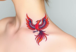 Square, phoenix rising from fire with both wings opened, colors red, pink, orange and purple. tattoo idea