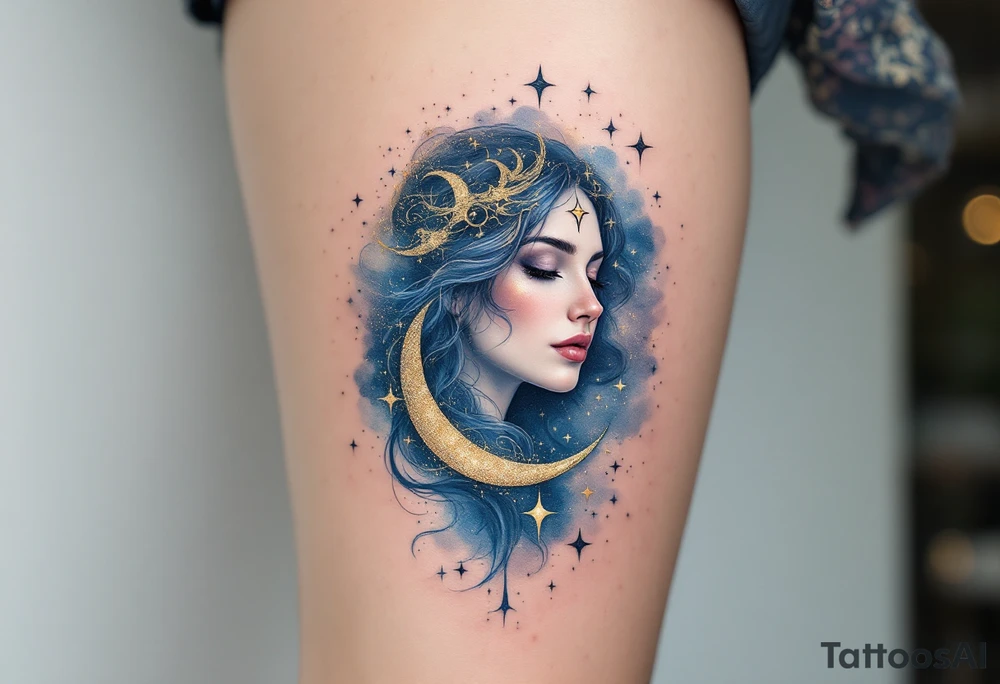 A sleek Virgo figure embedded within a celestial design. Surrounding it are glowing stars, a crescent moon, and swirling cosmic dust in deep midnight blue and shimmering gold, representing Virgo’s connection to intelligence and mysticism. tattoo idea