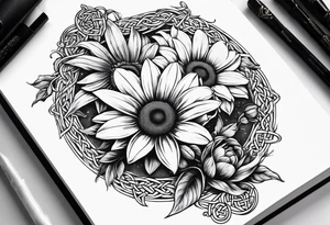 open book with daisy bouquet and a sunflower and a celtic dara knot tattoo idea