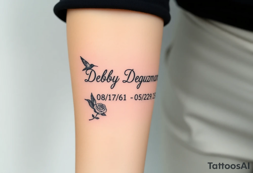 Tattoo of the exact name Debby Deguzman in chunky curly cursive with the exact dates of 08/17/61-05/29/25 surrounded by 1 hummingbird and 1 rose tattoo idea