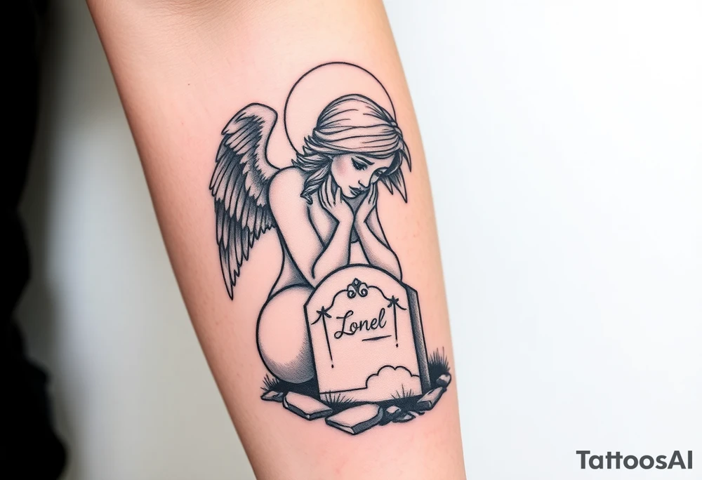 Beautiful woman angel crying on a tombstone tattoo idea