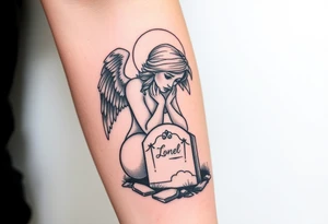 Beautiful woman angel crying on a tombstone tattoo idea