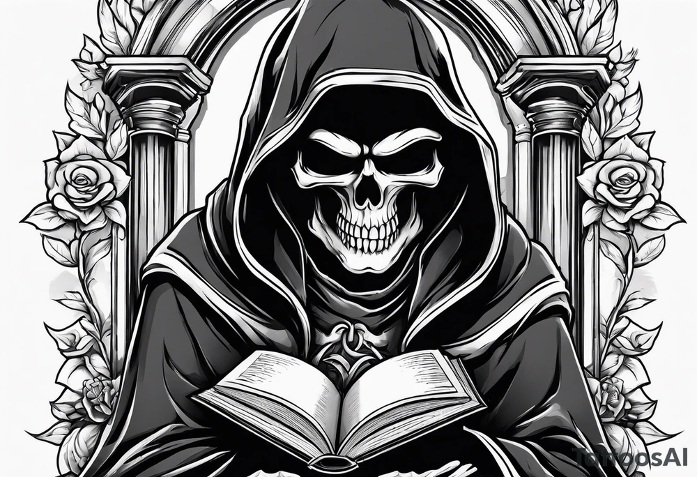 cute grim reaper sitting down reading books tattoo idea