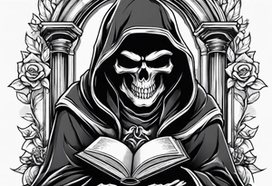 cute grim reaper sitting down reading books tattoo idea