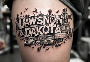 Dawson and Dakota spelled with legos and trucks and animals tattoo idea