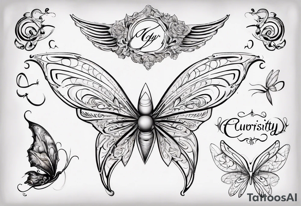 The word 'Curiosity' in cursive, with the 'Y' going into a simple outline of a fairy wing tattoo idea