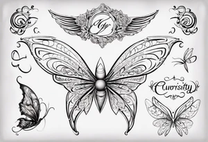 The word 'Curiosity' in cursive, with the 'Y' going into a simple outline of a fairy wing tattoo idea