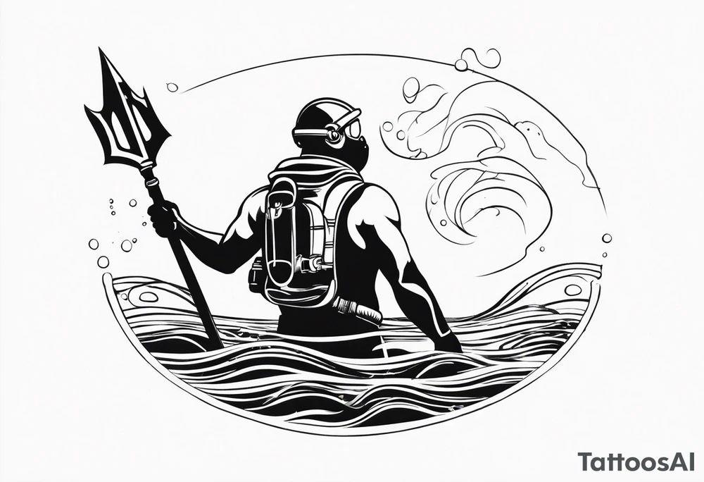 Scuba diver underwater holding a trident of Poseidon tattoo idea