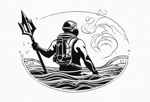 Scuba diver underwater holding a trident of Poseidon tattoo idea