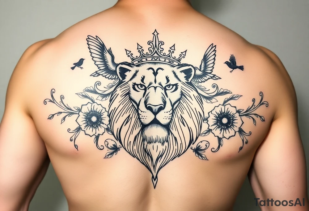 powerful majestic lion with a crown, surrounded by floral ornaments and birds tattoo idea