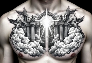 gates of heaven surrounded by angels clouds and rays of light tattoo idea