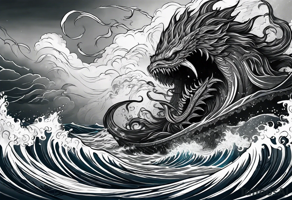 A kraken monster underwater ensnaring Poseidon as he thrust his trident into the beast. Turbulent storm with lightning & waves crashing tattoo idea