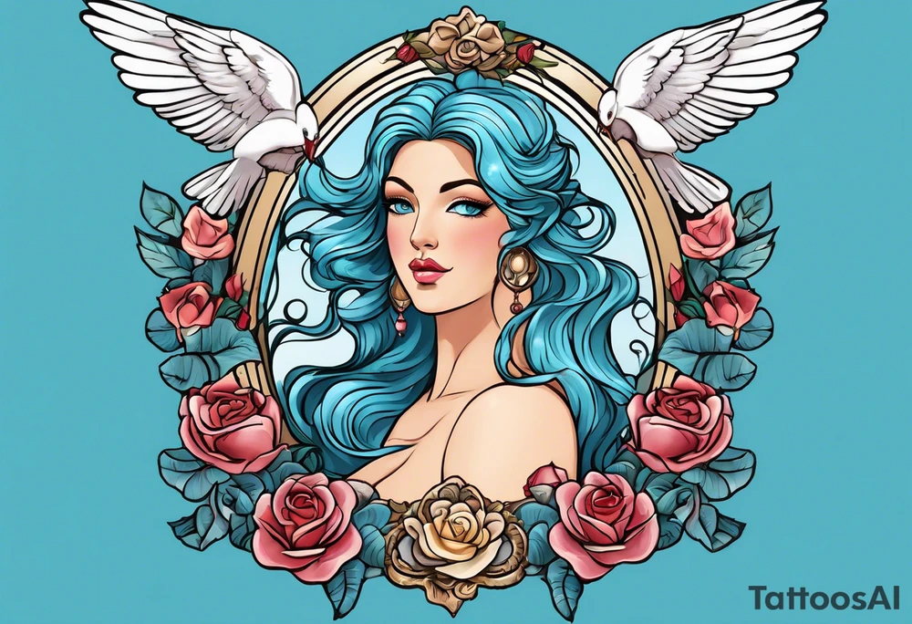 Portrait of Aphrodite: A face or full-length image of the goddess, often in a realistic style, perhaps decorated with flowers, seashells, or doves.rose, doves, shells and a mirror in his hand. background sea, blue roses frames,, romantic,A boy with wings and a bow, cupido tattoo idea