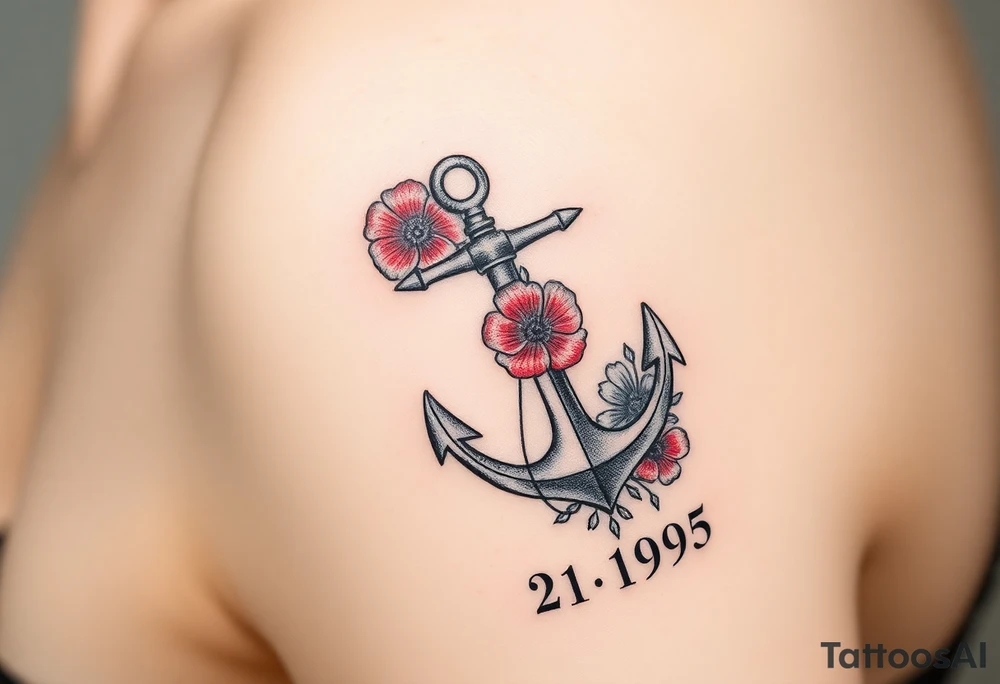 Nautical anchor with red poppy flowers and the date 2-21-1995 tattoo idea