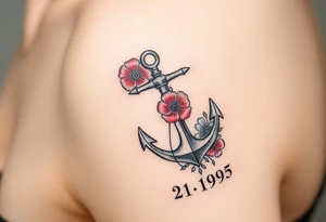 Nautical anchor with red poppy flowers and the date 2-21-1995 tattoo idea