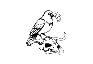 Crow with mushroom in its beak, standing on an animal skull tattoo idea