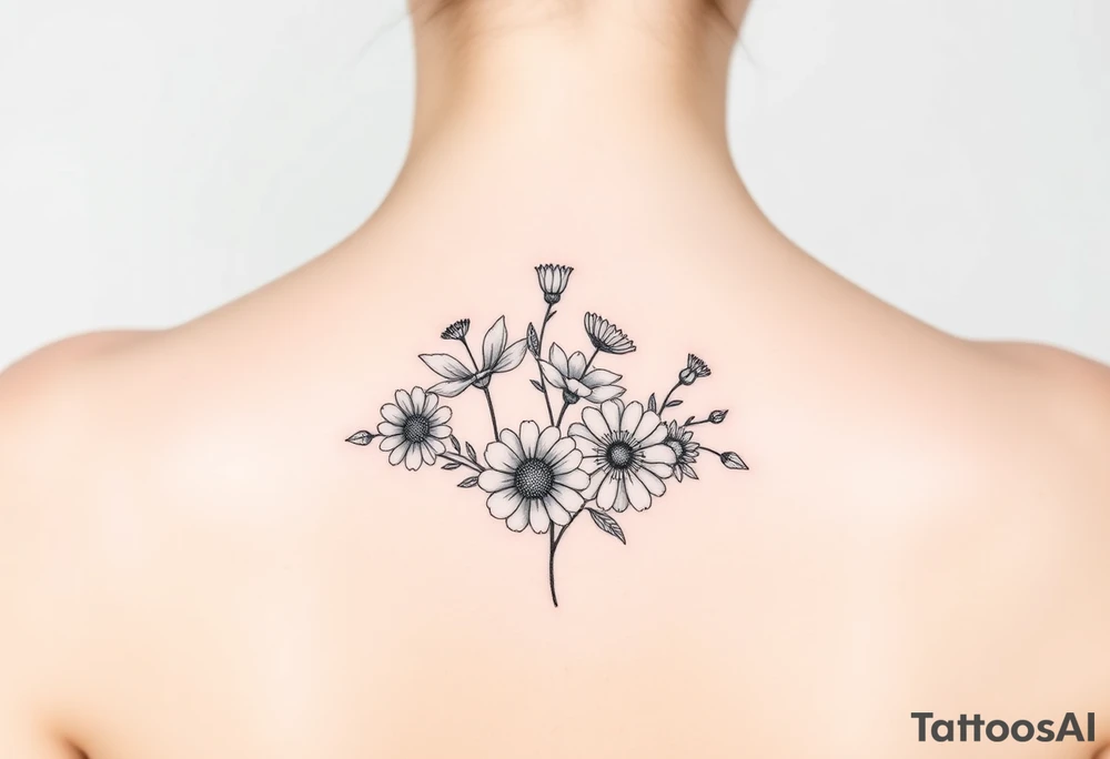 Small flower bouquet with order of flowers, daisy, cosmo, poppy, chrysanthemum, cosmo tattoo idea