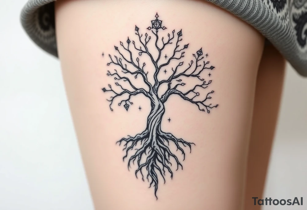 mystical tree of life with cosmic roots and celestial branches tattoo idea