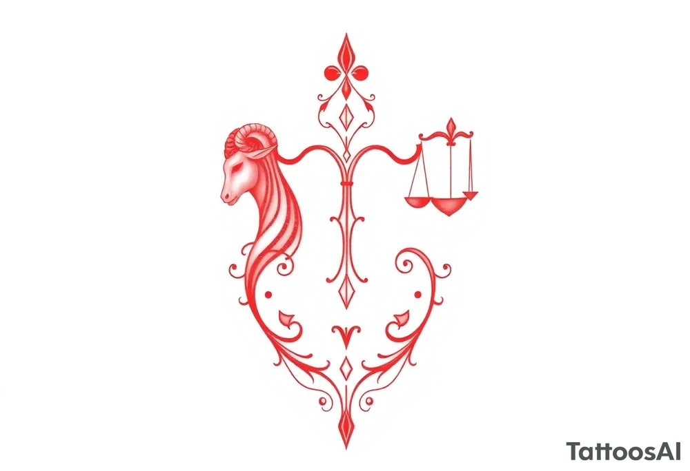 Tattoo that combines the star sign Taurus and Libra ,in red , down the spine tattoo idea