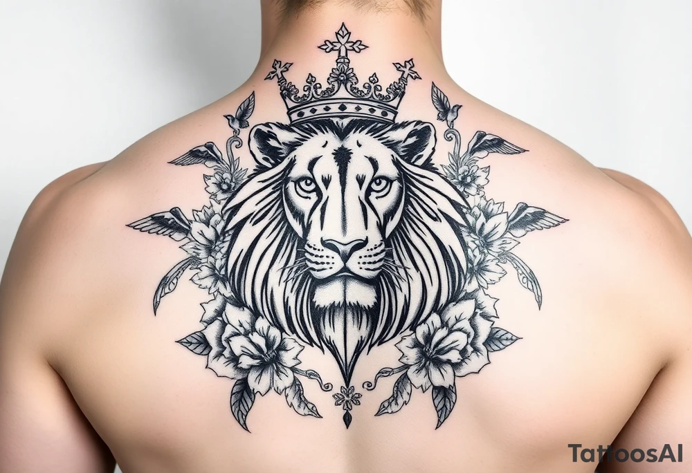 powerful majestic lion with a crown, surrounded by floral ornaments and birds tattoo idea