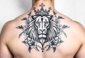 powerful majestic lion with a crown, surrounded by floral ornaments and birds tattoo idea