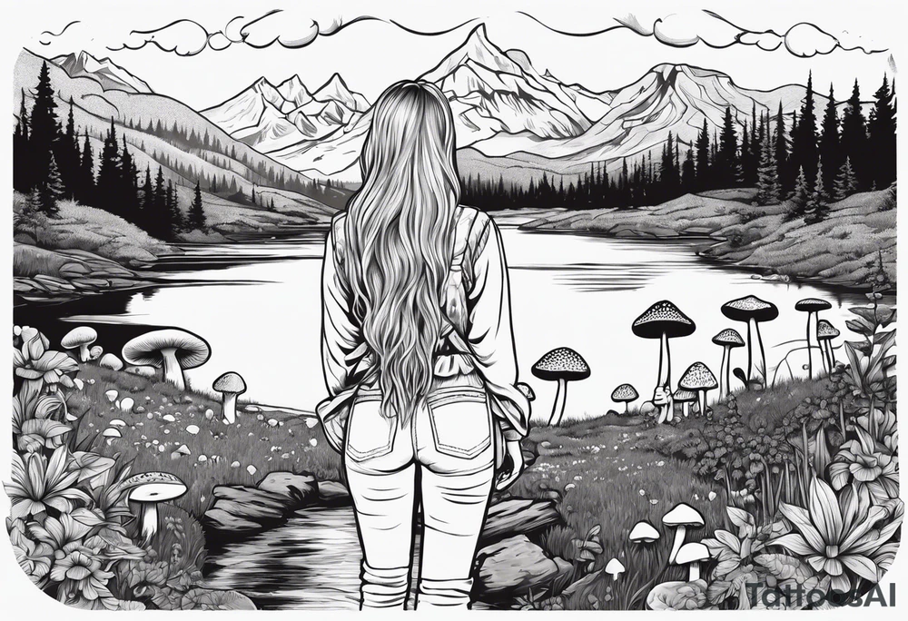 Whole picture encircled fully

Straight long blonde hair hippie girl in distance holding mushrooms in hand facing away toward mountains and creek surrounded by mushrooms long sleeve shirt and hiking pants; whole rendering within a full circle, no cut off circle tattoo idea