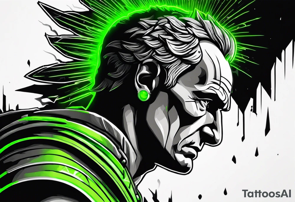 Julius Caesar tattoo with streaks of neon green lightning in the background tattoo idea
