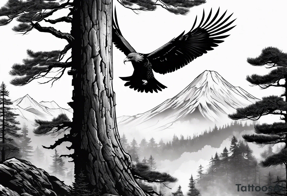 Full back tattoo ancient pine tree Forrest and giant black eagle tattoo idea