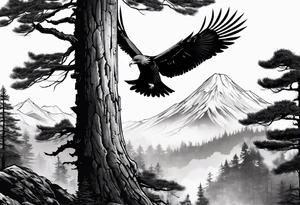 Full back tattoo ancient pine tree Forrest and giant black eagle tattoo idea