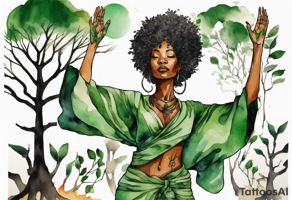 a black woman wearing a green tunic with the lower-half of a tree, her arms raised towards a blazing sun in the sky, with legs made out of tree roots tattoo idea