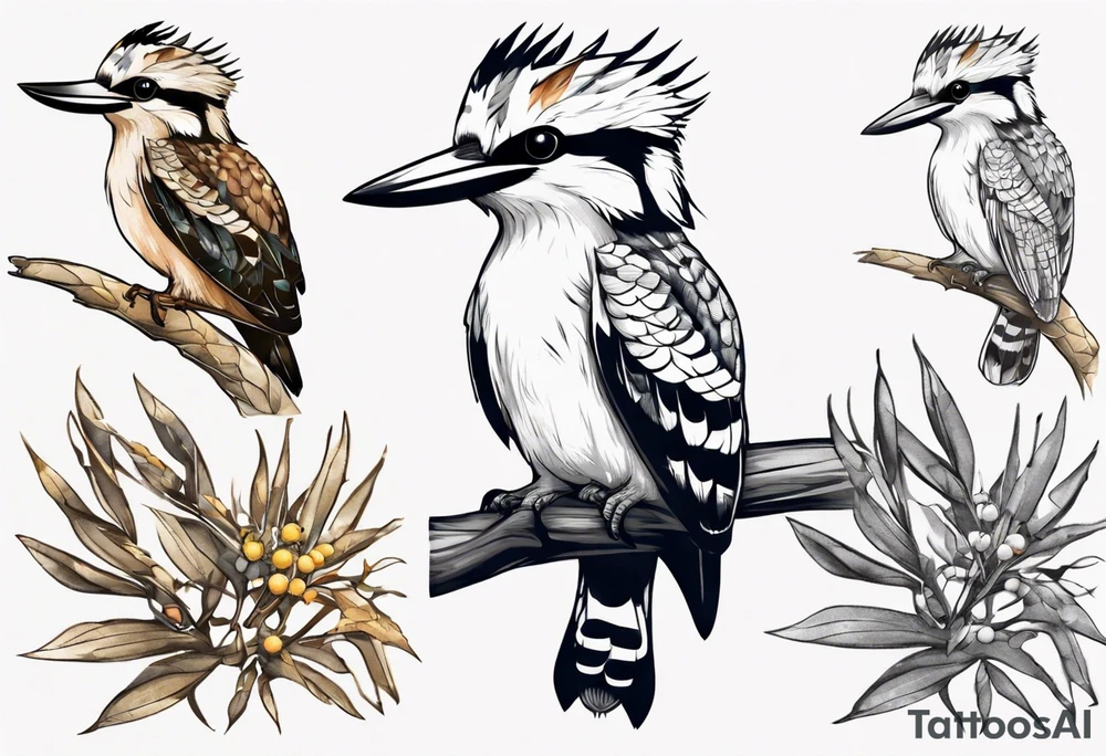 kookaburra sitting on wattle leaves tattoo idea