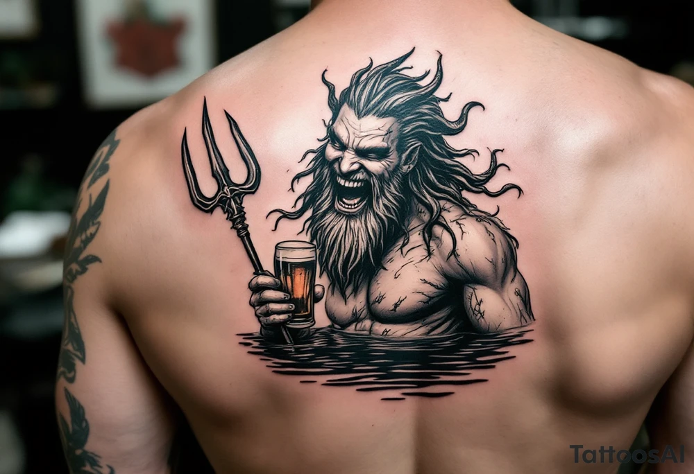 laughing poseidon, with a trident, in calm water, holding a beer tattoo idea
