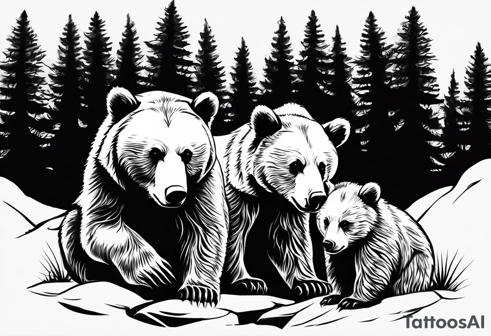 Draw a tattoo. The tattoo shows a mother bear holding two bear cubs in her arms. A small bear cub and a larger bear cub. The bears are surrounded by fir trees and rocks. tattoo idea